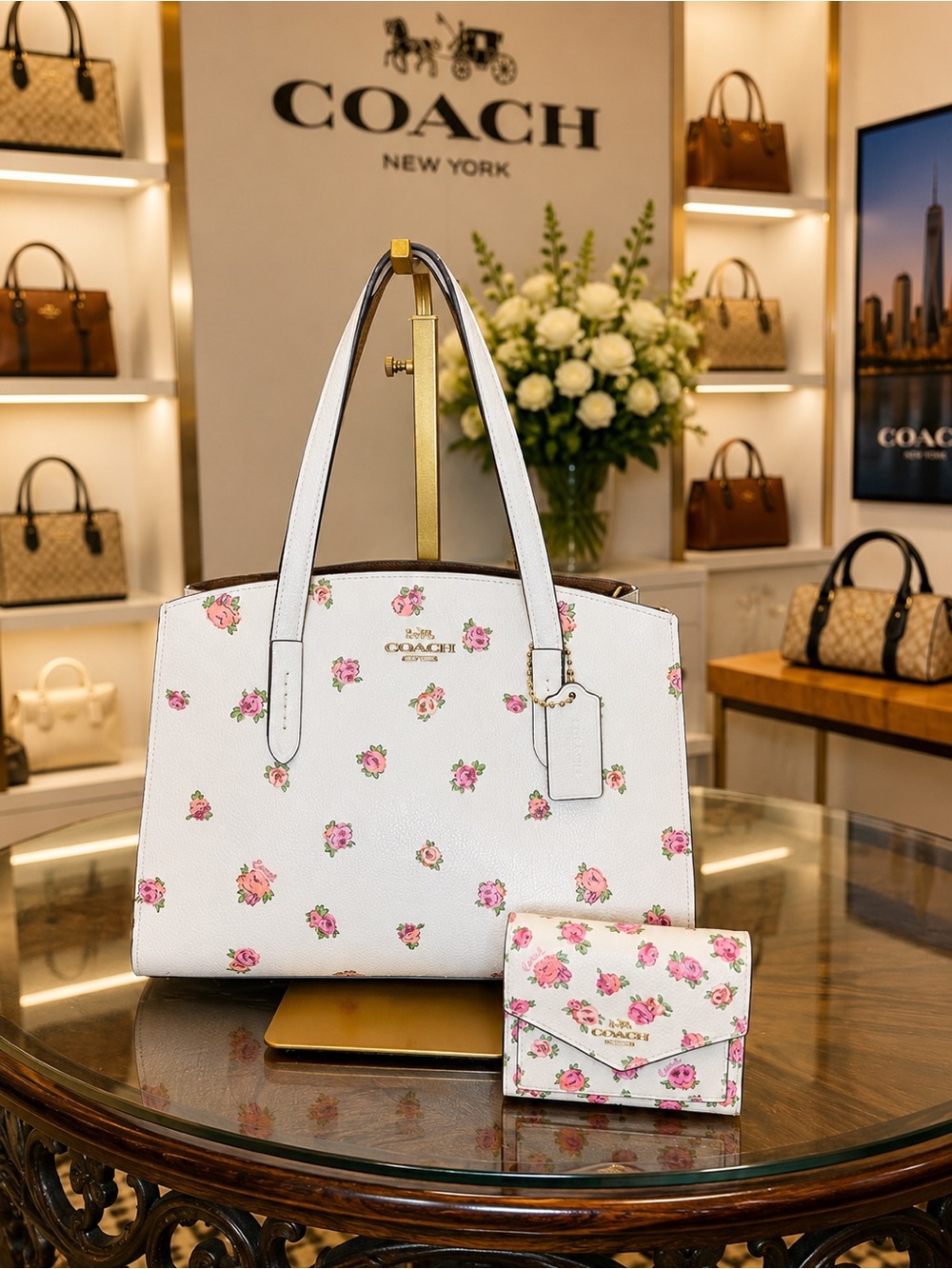 COACH White Floral Print Tote with Matching Wallet